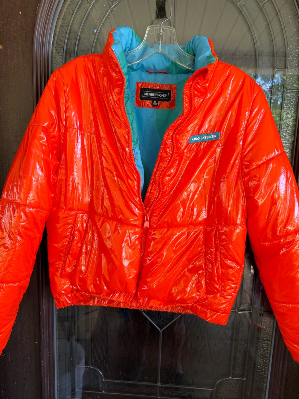 Members Only Shiny Orange Cropped Puffer with Teal Lining